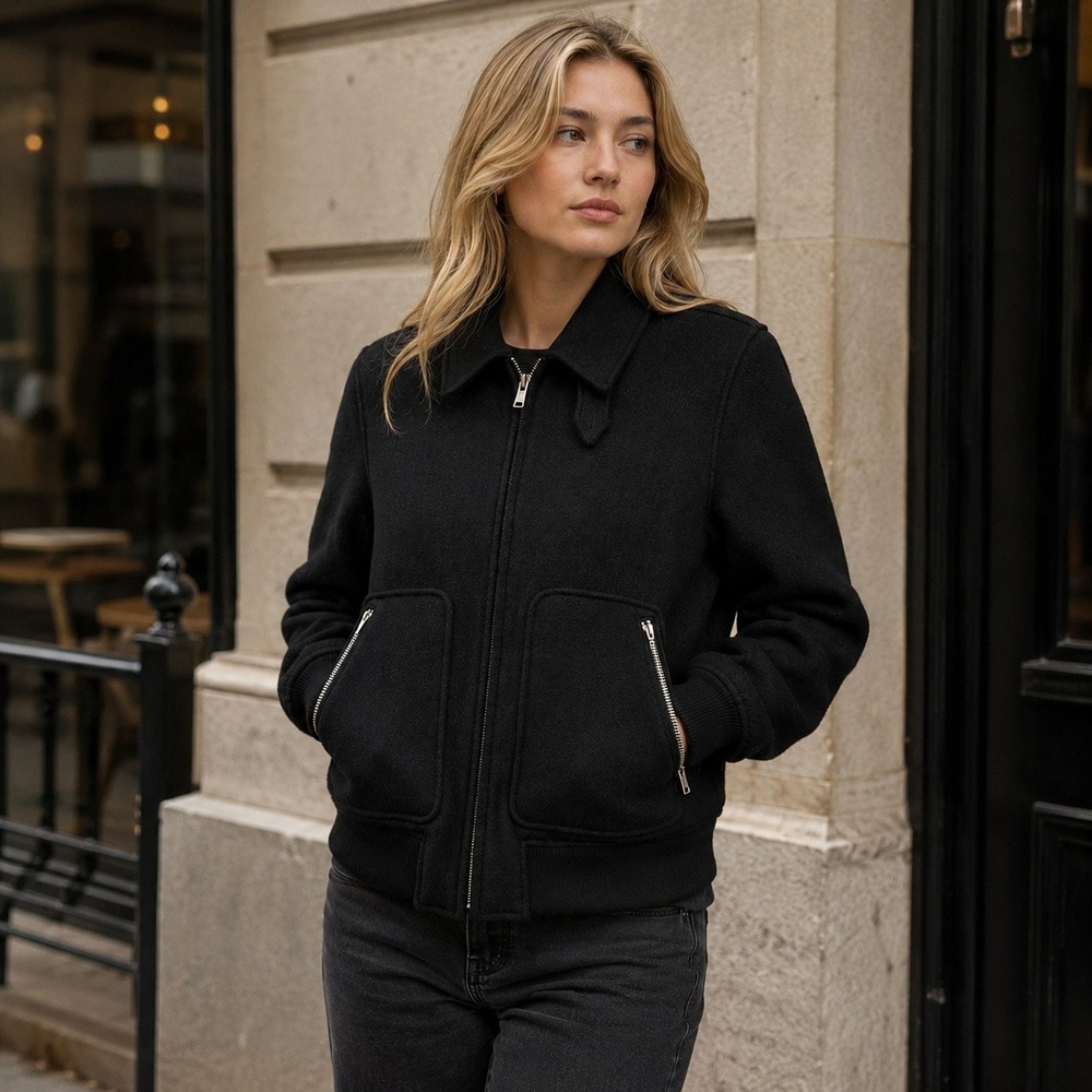 COS 100% Wool Bomber Jacket Black Zip Front Size S